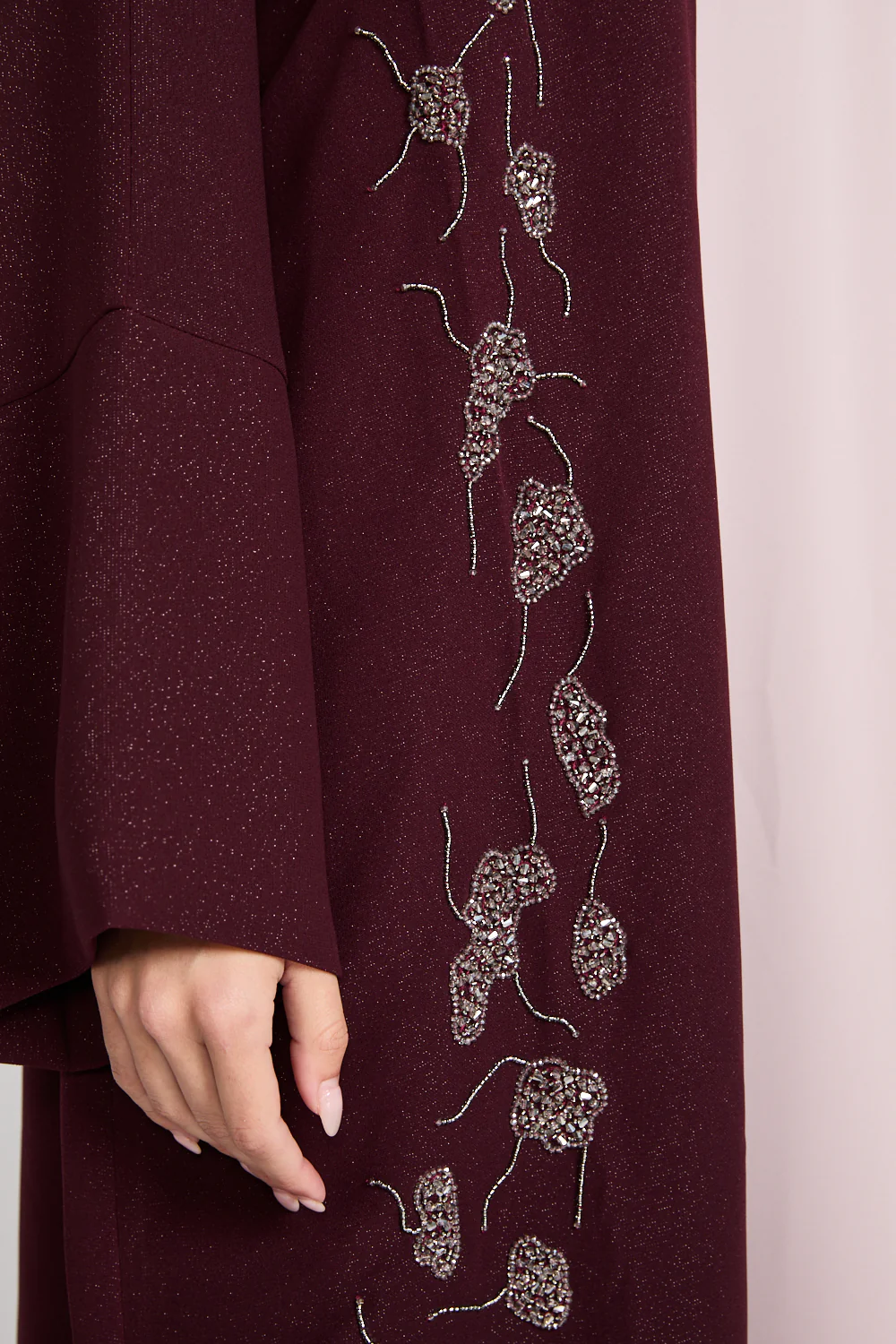 Luxury Royale Dusk Embellished Open Abaya - Deep Burgundy - Image 4