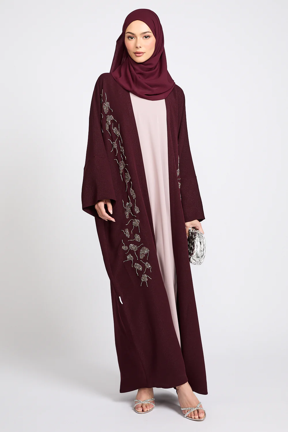 Luxury Royale Dusk Embellished Open Abaya - Deep Burgundy - Image 5
