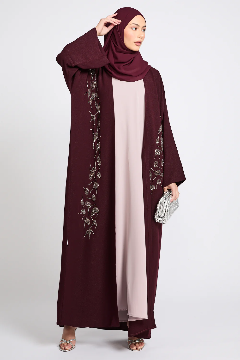 Luxury Royale Dusk Embellished Open Abaya - Deep Burgundy - Image 6