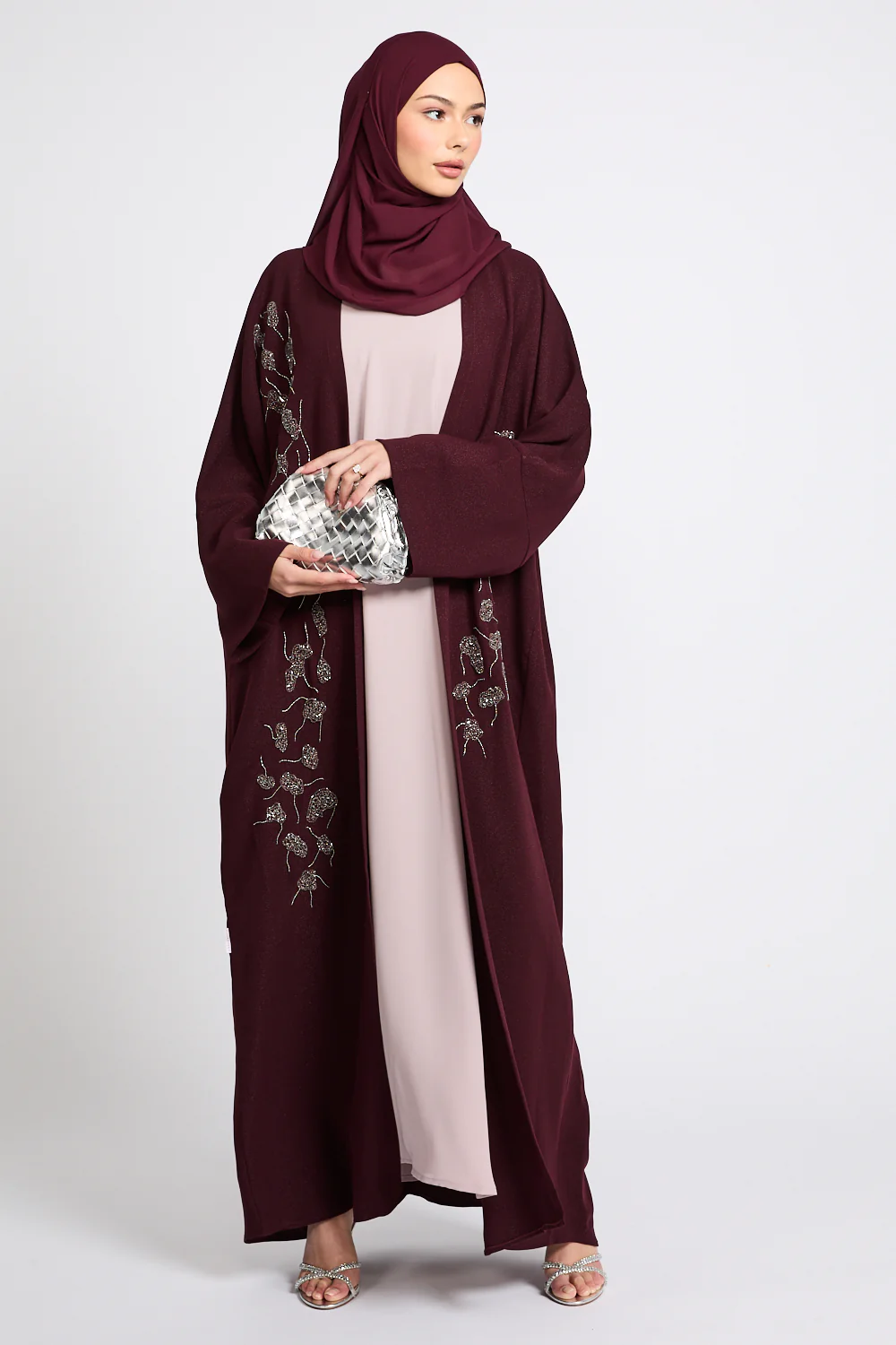 Luxury Royale Dusk Embellished Open Abaya - Deep Burgundy - Image 7
