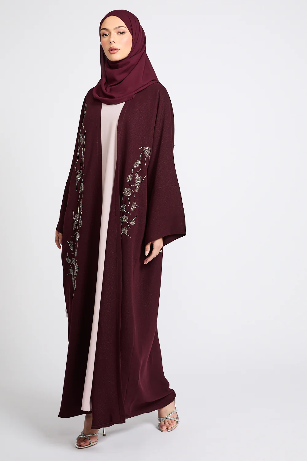 Luxury Royale Dusk Embellished Open Abaya - Deep Burgundy - Image 8