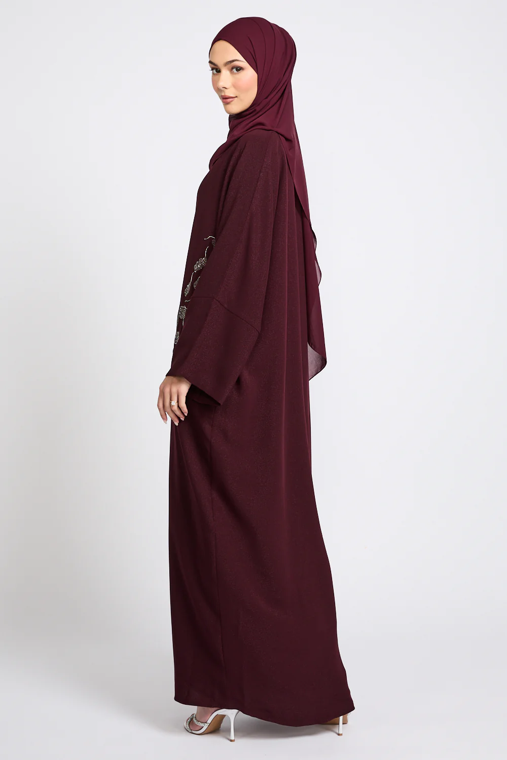 Luxury Royale Dusk Embellished Open Abaya - Deep Burgundy - Image 9