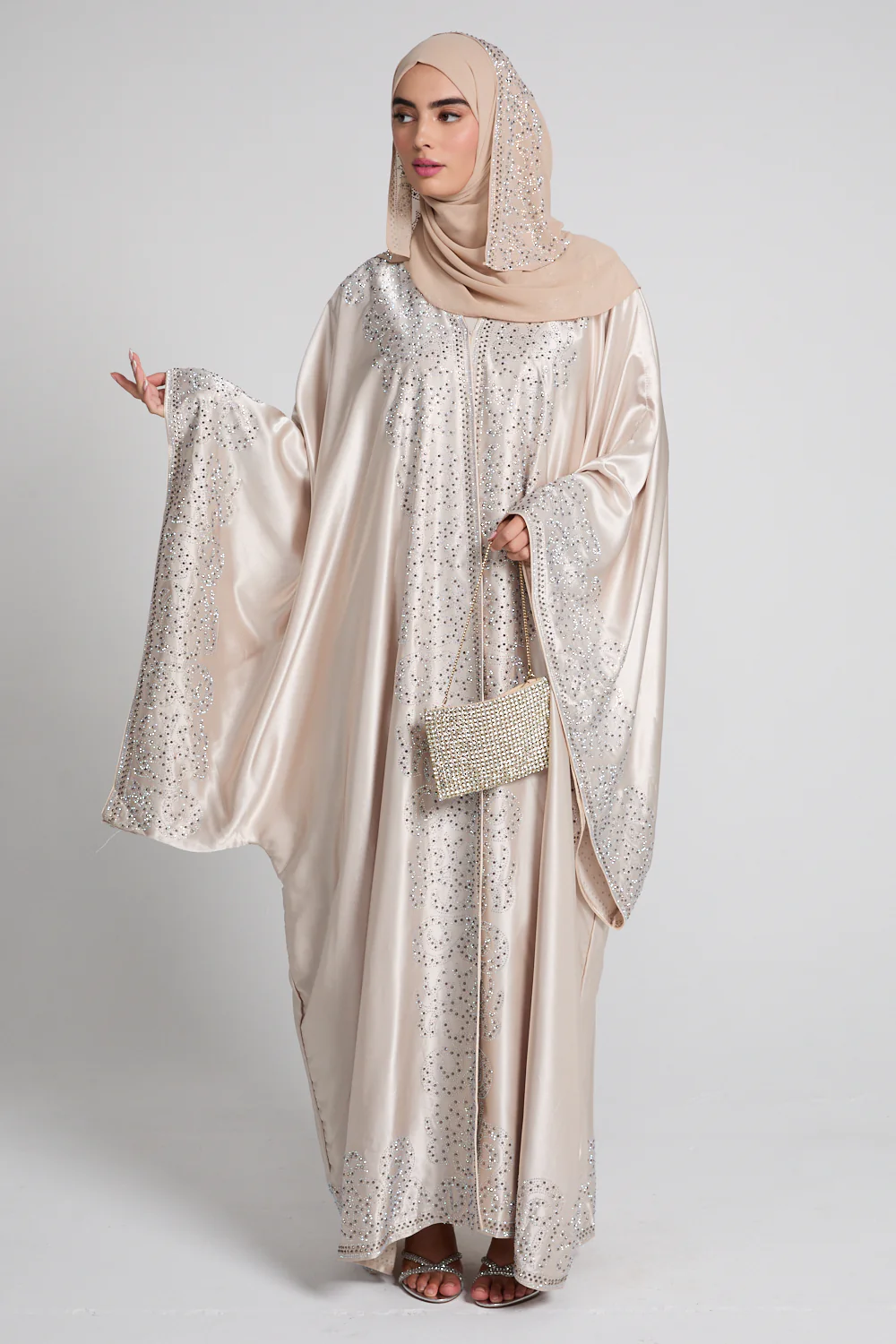 Luxury Satin Celestial Cascade Embellished  Open Abaya - Champagne Glow