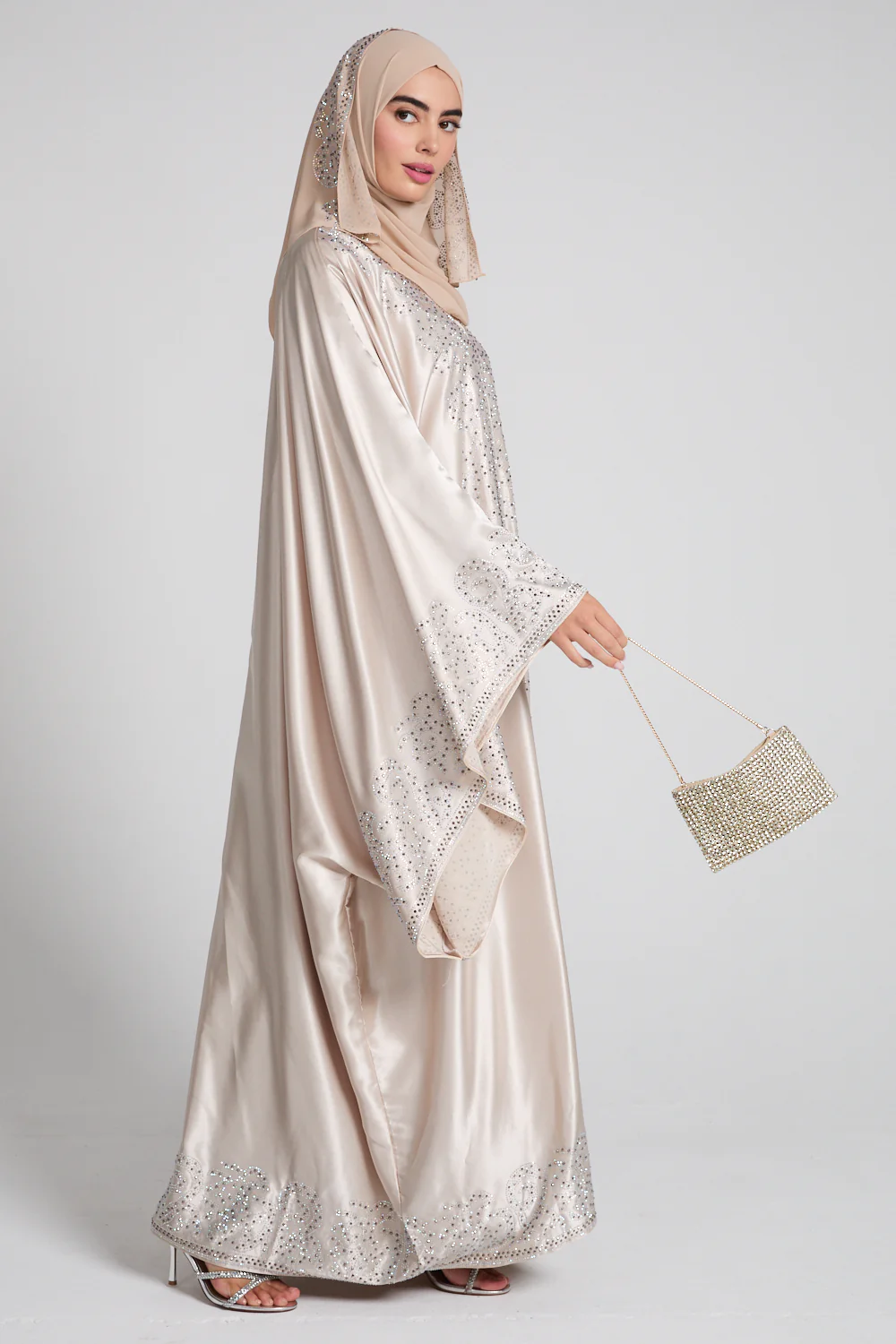 Luxury Satin Celestial Cascade Embellished  Open Abaya - Champagne Glow - Image 3