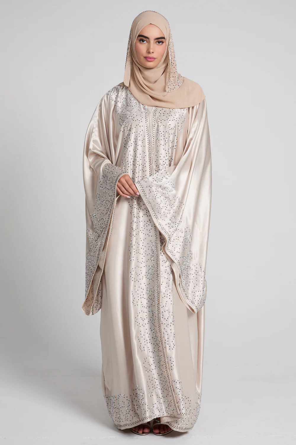 Luxury Satin Celestial Cascade Embellished  Open Abaya - Champagne Glow - Image 4