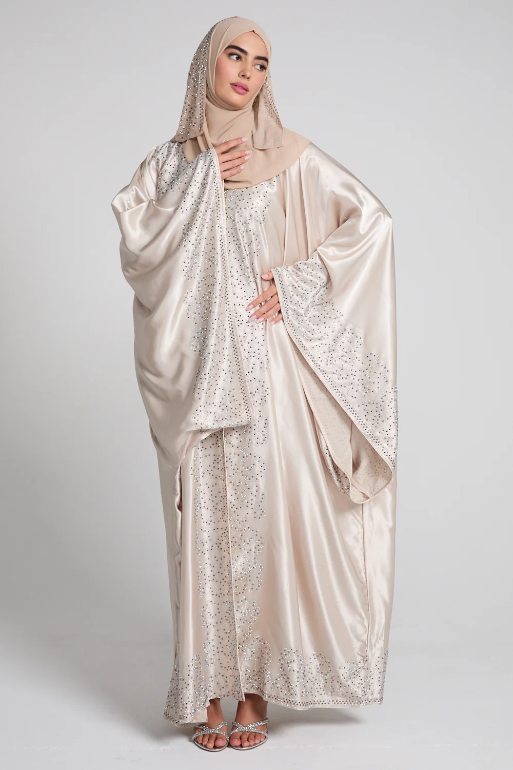 Luxury Satin Celestial Cascade Embellished  Open Abaya - Champagne Glow - Image 5
