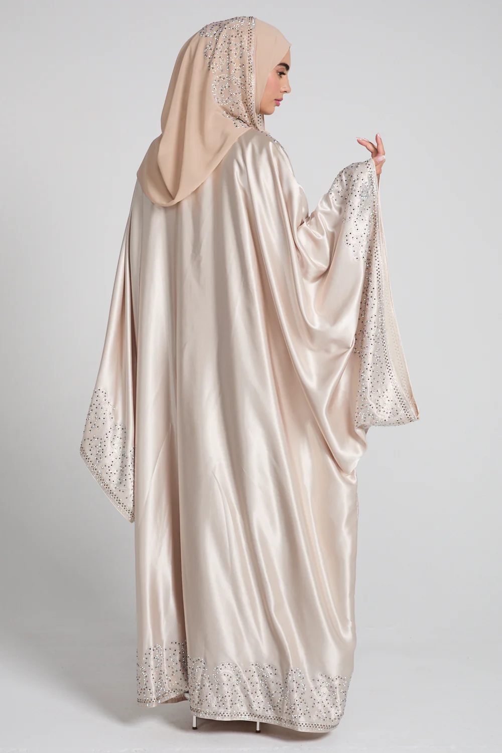 Luxury Satin Celestial Cascade Embellished  Open Abaya - Champagne Glow - Image 6