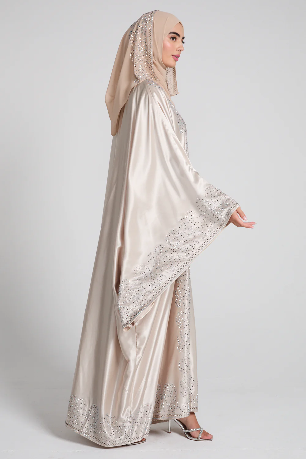 Luxury Satin Celestial Cascade Embellished  Open Abaya - Champagne Glow - Image 7