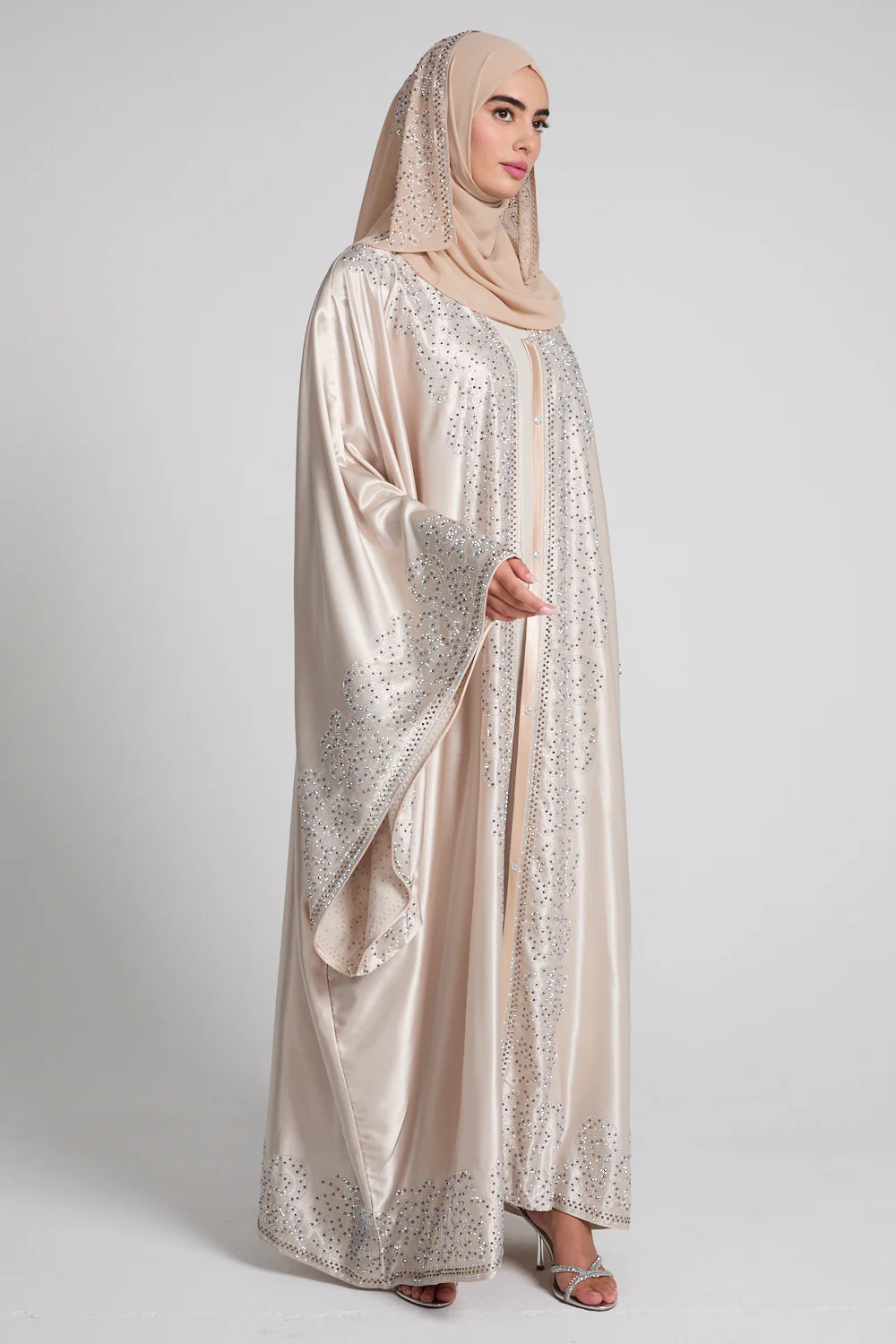 Luxury Satin Celestial Cascade Embellished  Open Abaya - Champagne Glow - Image 8