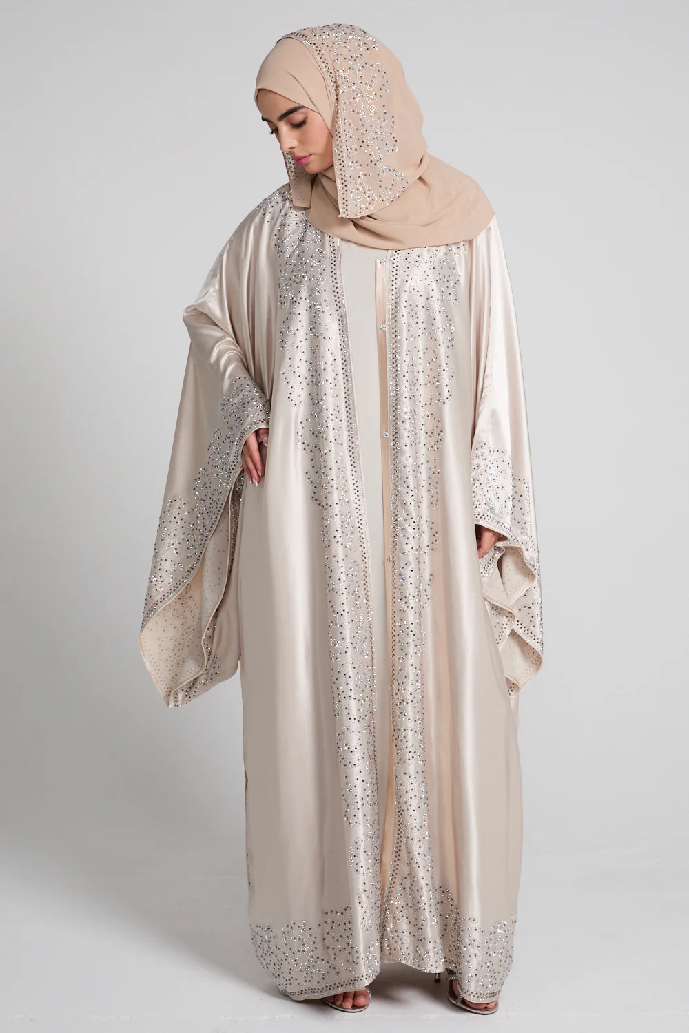 Luxury Satin Celestial Cascade Embellished  Open Abaya - Champagne Glow - Image 9