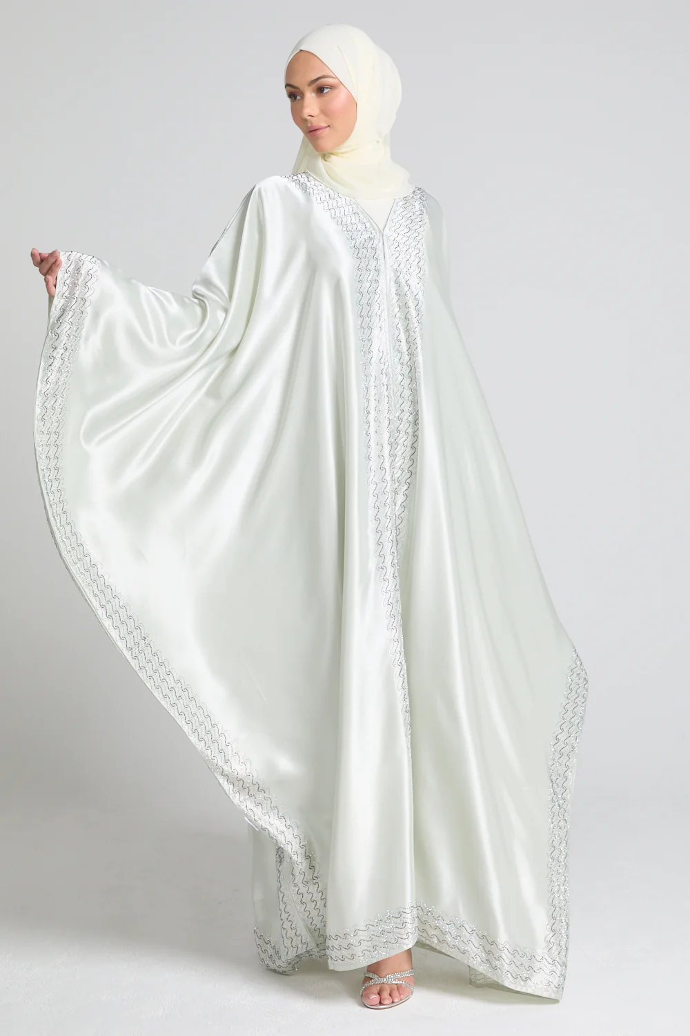 Luxury Satin Minted Ivory Embellished Open Farasha