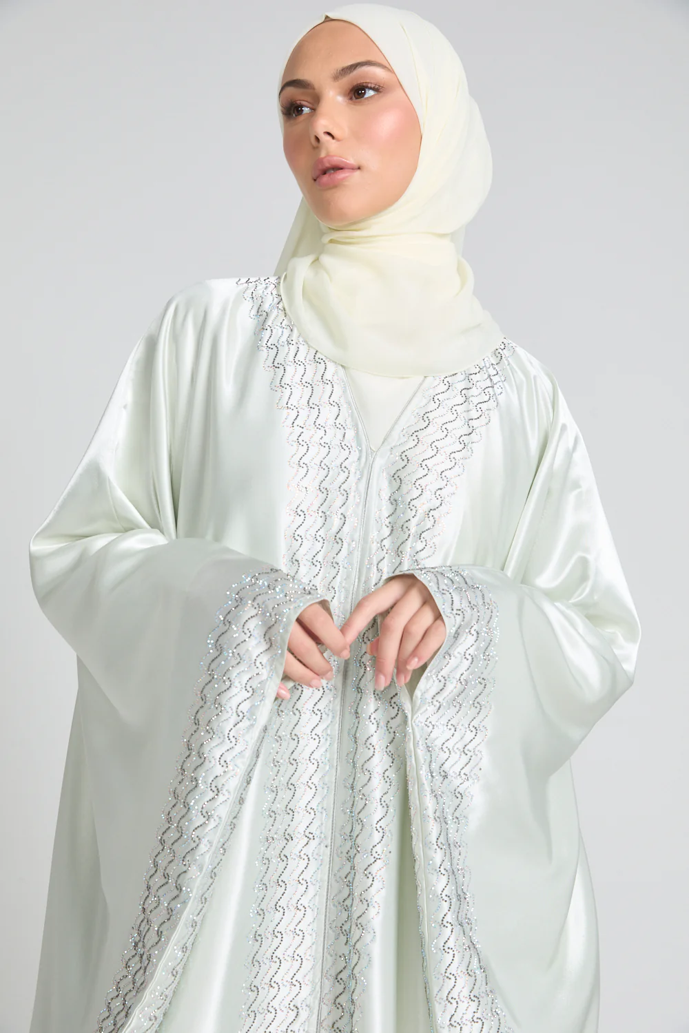Luxury Satin Minted Ivory Embellished Open Farasha - Image 2