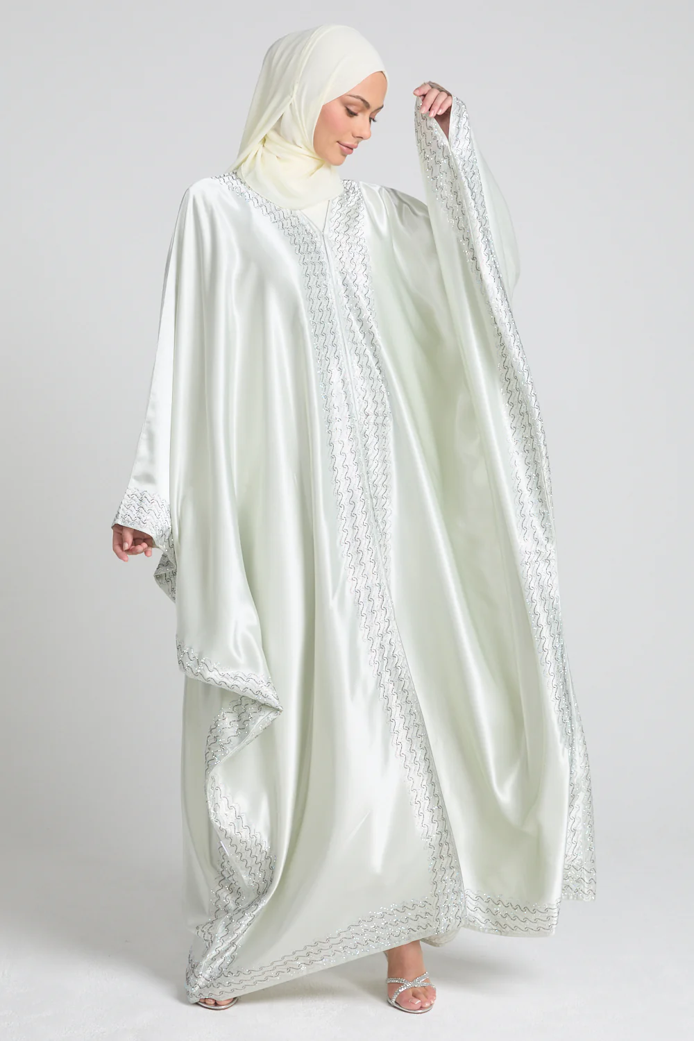 Luxury Satin Minted Ivory Embellished Open Farasha - Image 3