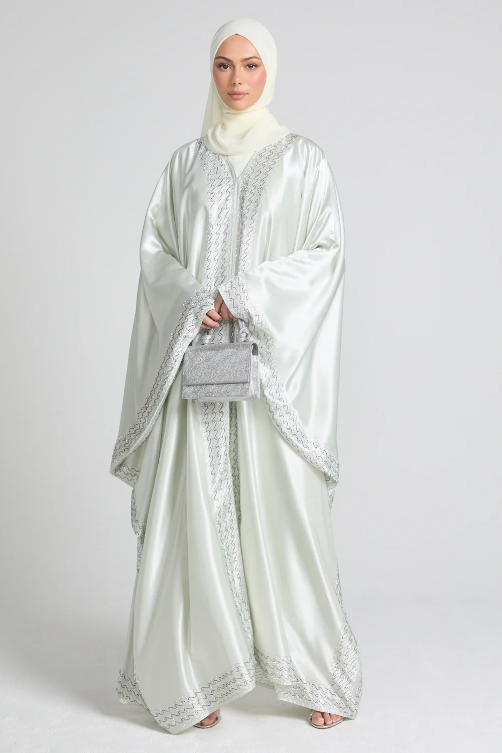 Luxury Satin Minted Ivory Embellished Open Farasha - Image 5