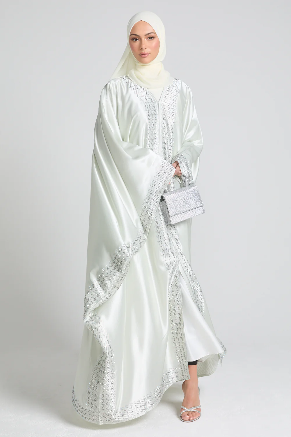 Luxury Satin Minted Ivory Embellished Open Farasha - Image 6