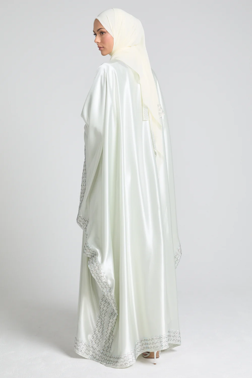 Luxury Satin Minted Ivory Embellished Open Farasha - Image 7