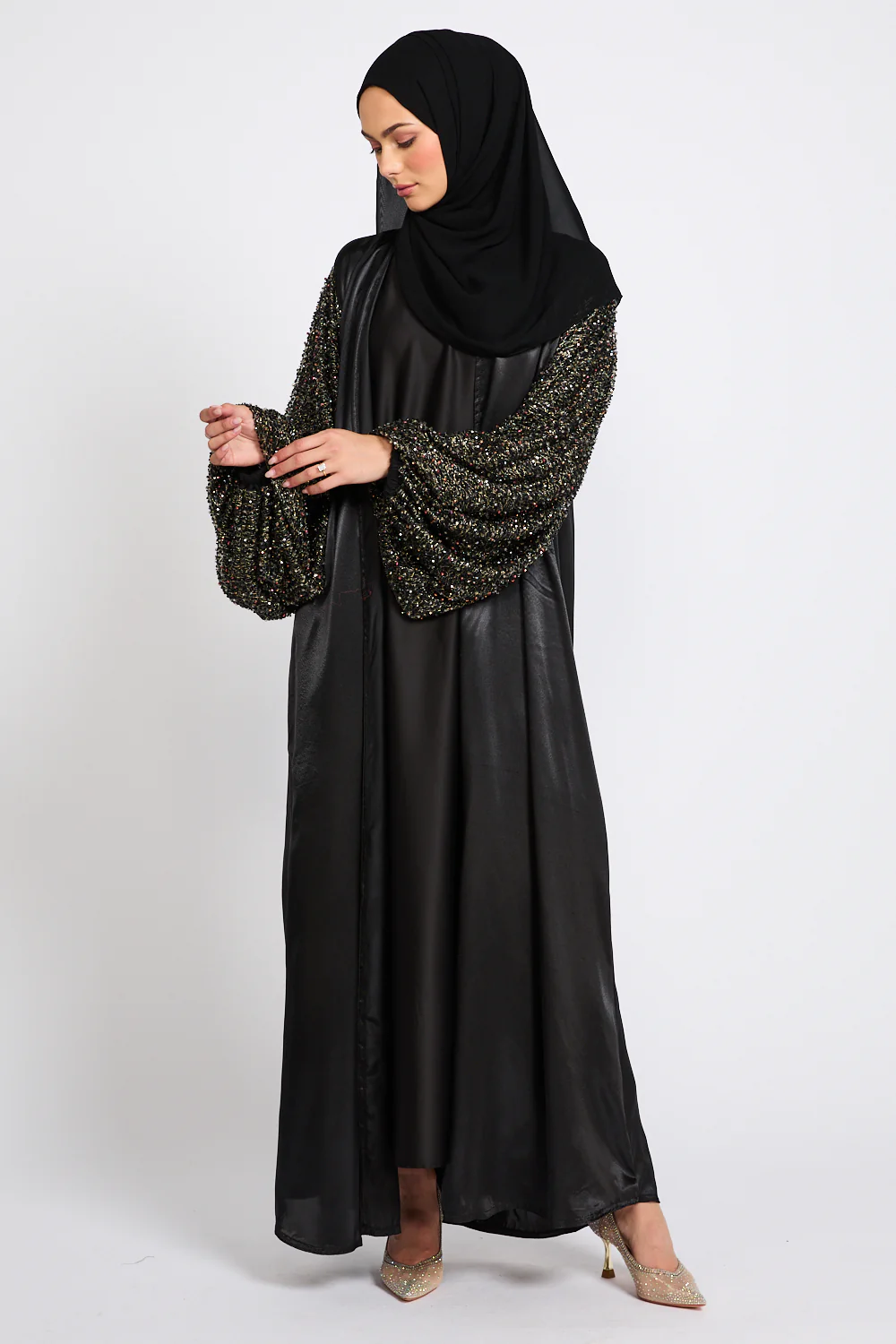Luxury Satin Open Abaya with Embellished Balloon Sleeves - Black - Image 3