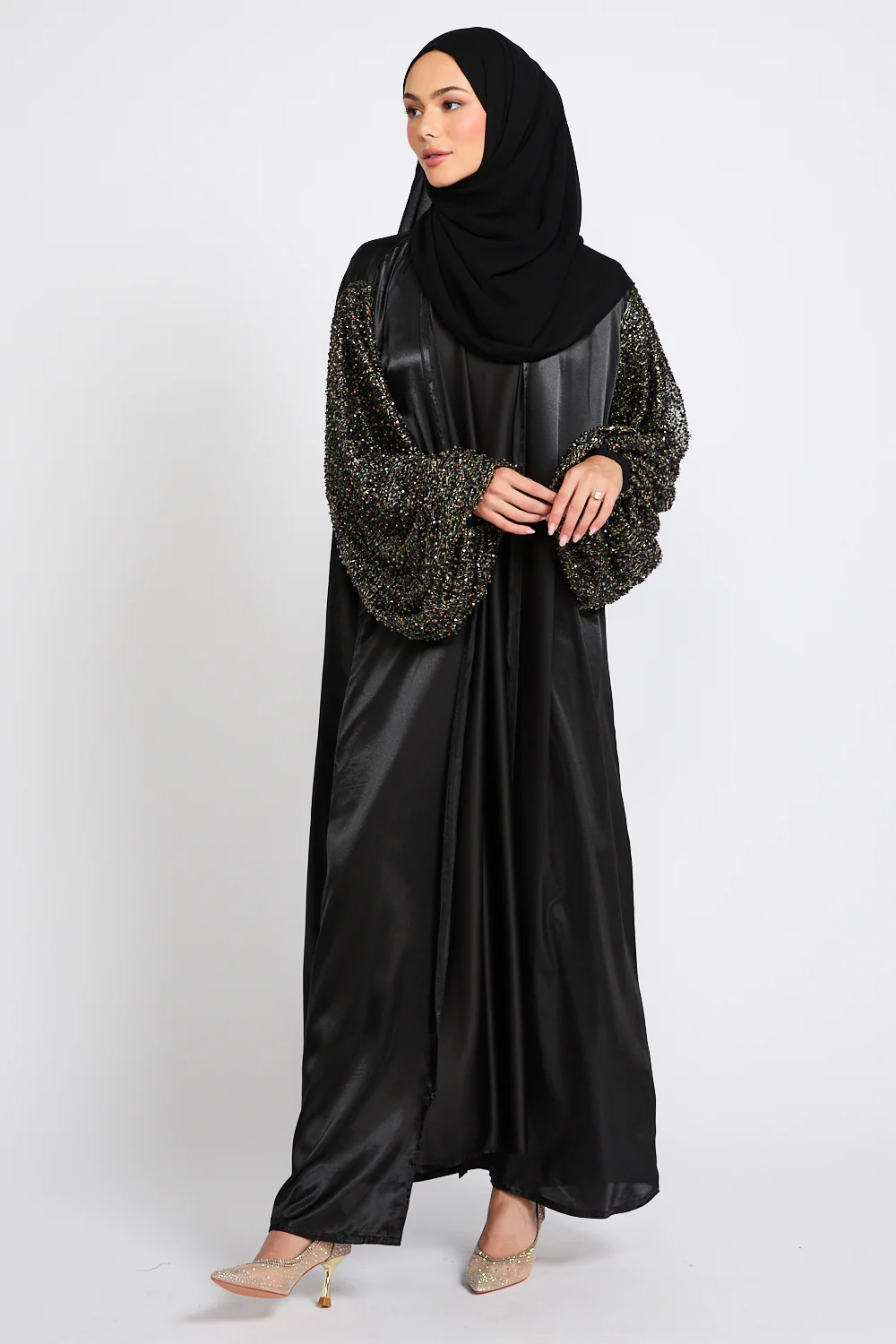 Luxury Satin Open Abaya with Embellished Balloon Sleeves - Black - Image 4