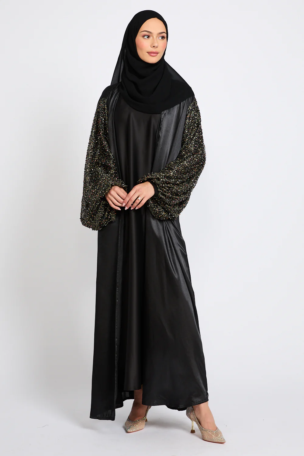Luxury Satin Open Abaya with Embellished Balloon Sleeves - Black - Image 5