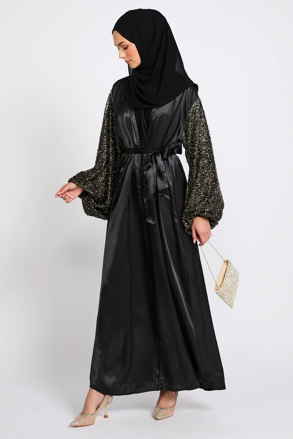 Luxury Satin Open Abaya with Embellished Balloon Sleeves - Black - Image 6