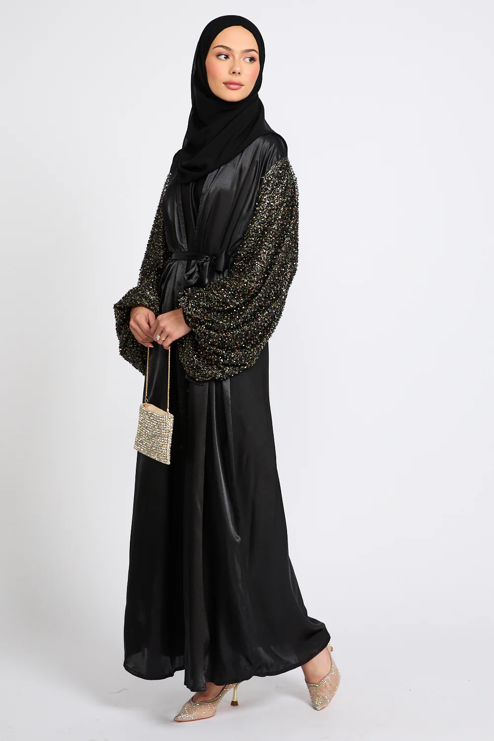 Luxury Satin Open Abaya with Embellished Balloon Sleeves - Black - Image 7