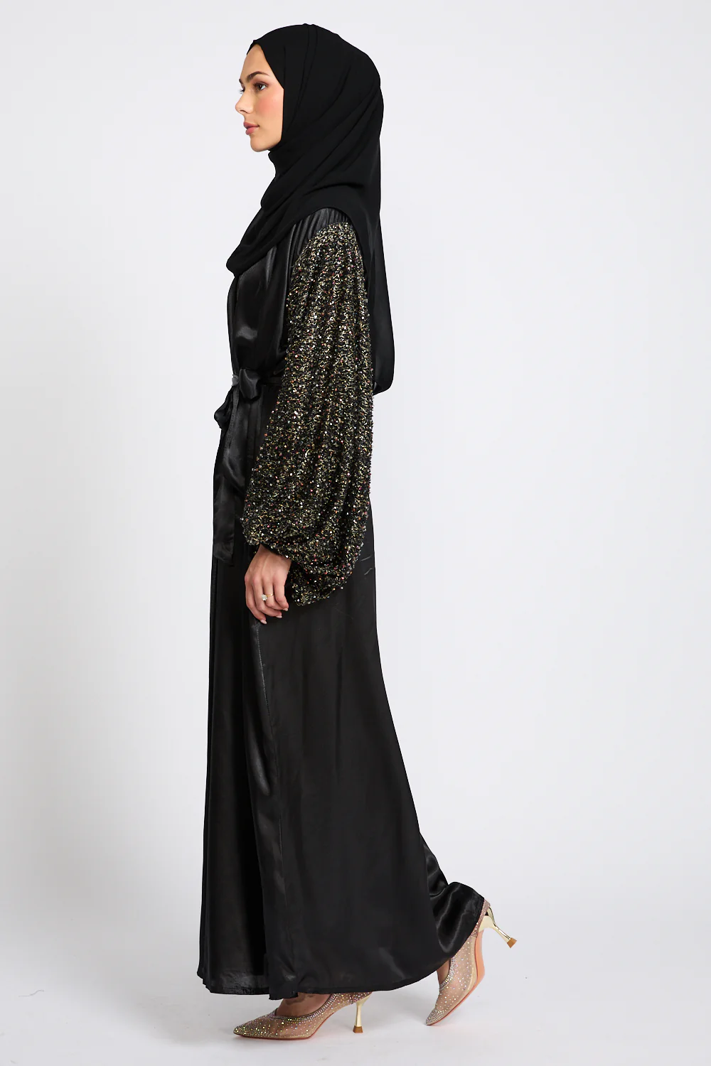 Luxury Satin Open Abaya with Embellished Balloon Sleeves - Black - Image 8