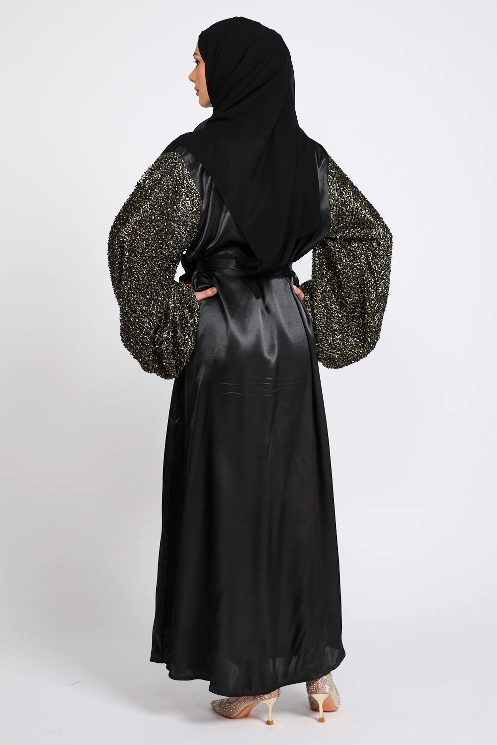 Luxury Satin Open Abaya with Embellished Balloon Sleeves - Black - Image 9