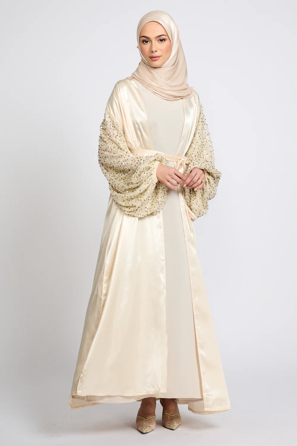Luxury Satin Open Abaya with Embellished Balloon Sleeves - Champagne Nude