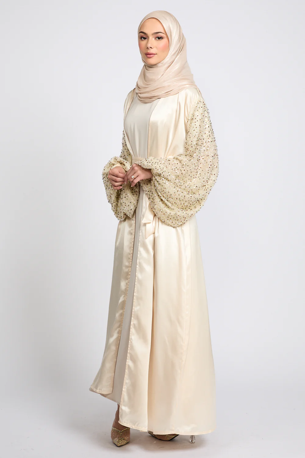 Luxury Satin Open Abaya with Embellished Balloon Sleeves - Champagne Nude - Image 10