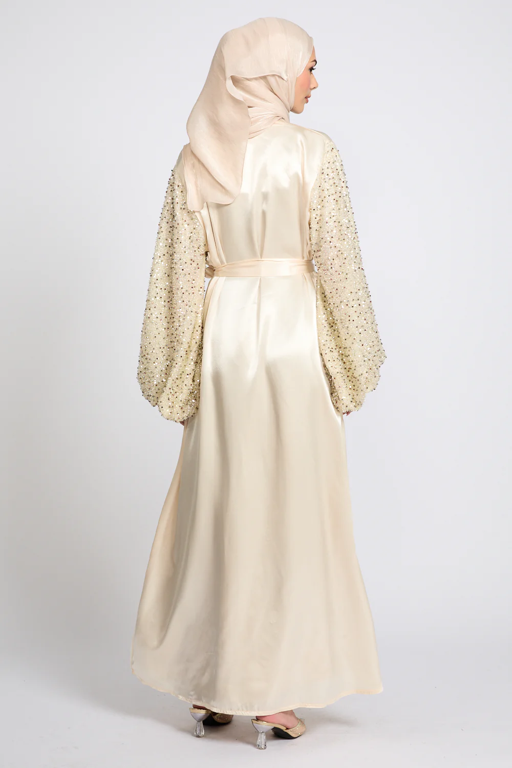 Luxury Satin Open Abaya with Embellished Balloon Sleeves - Champagne Nude - Image 11