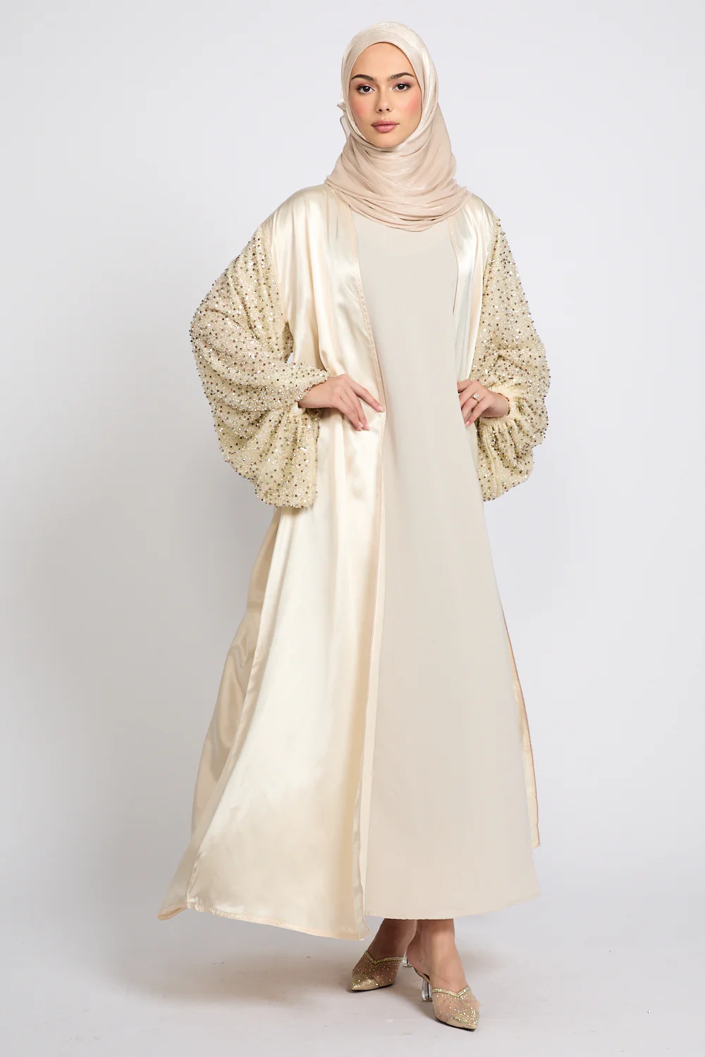Luxury Satin Open Abaya with Embellished Balloon Sleeves - Champagne Nude - Image 6