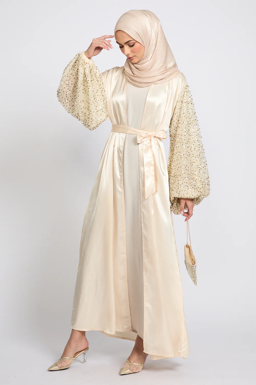 Luxury Satin Open Abaya with Embellished Balloon Sleeves - Champagne Nude - Image 8