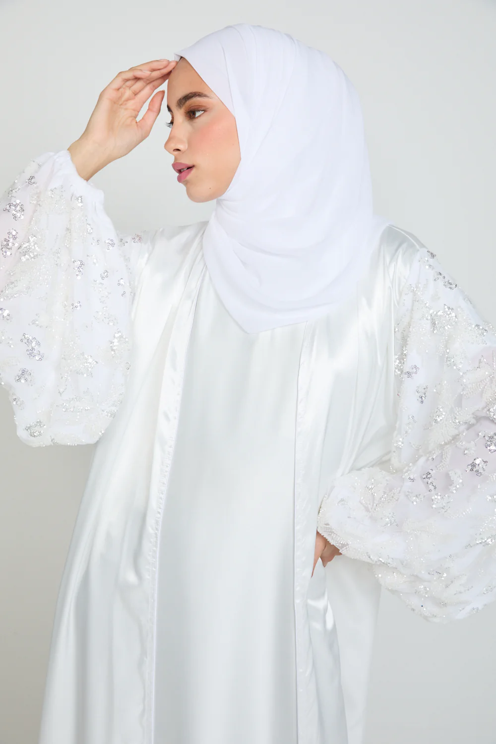 Luxury Satin Open Abaya with Embellished Balloon Sleeves - White - Image 2