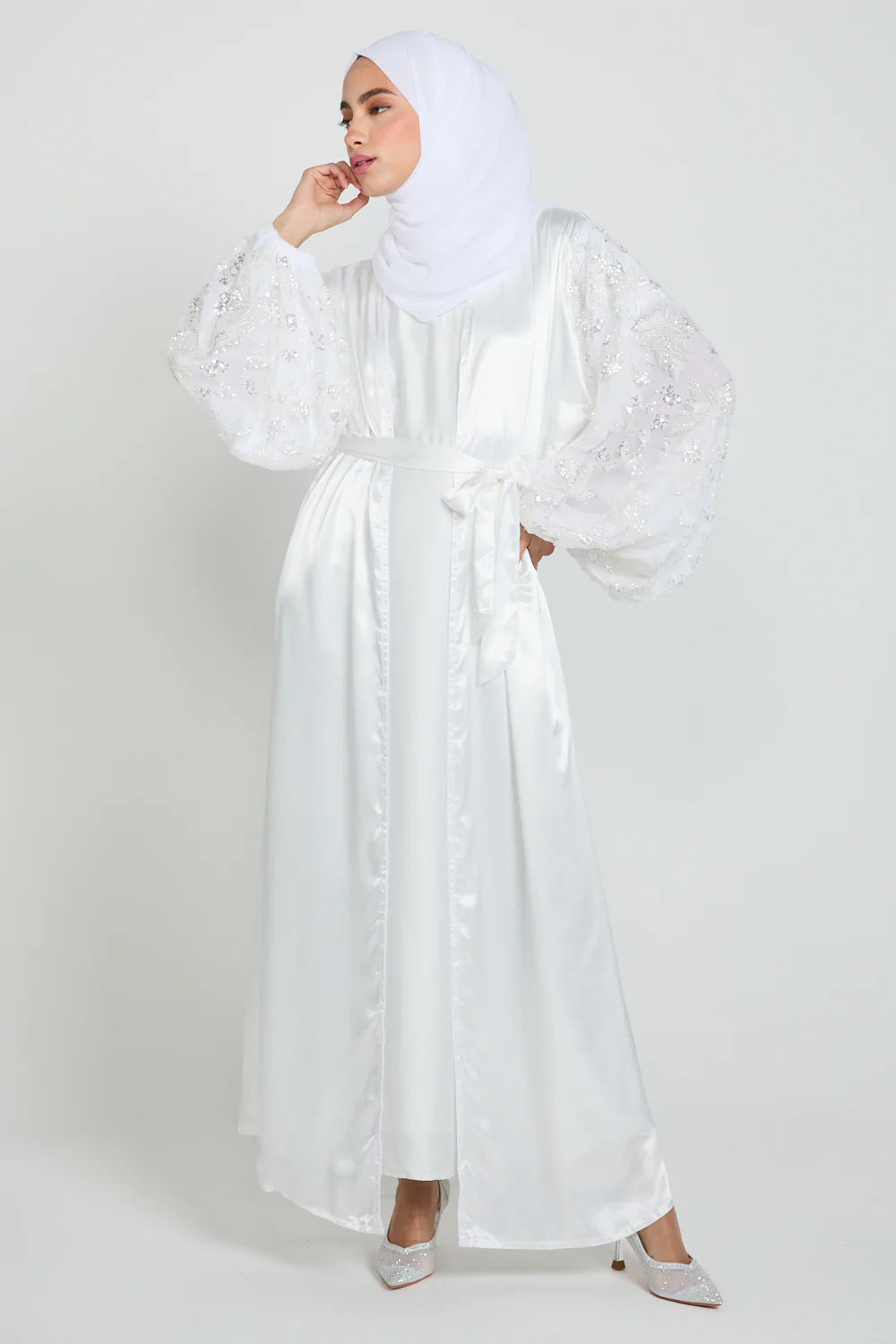 Luxury Satin Open Abaya with Embellished Balloon Sleeves - White - Image 3