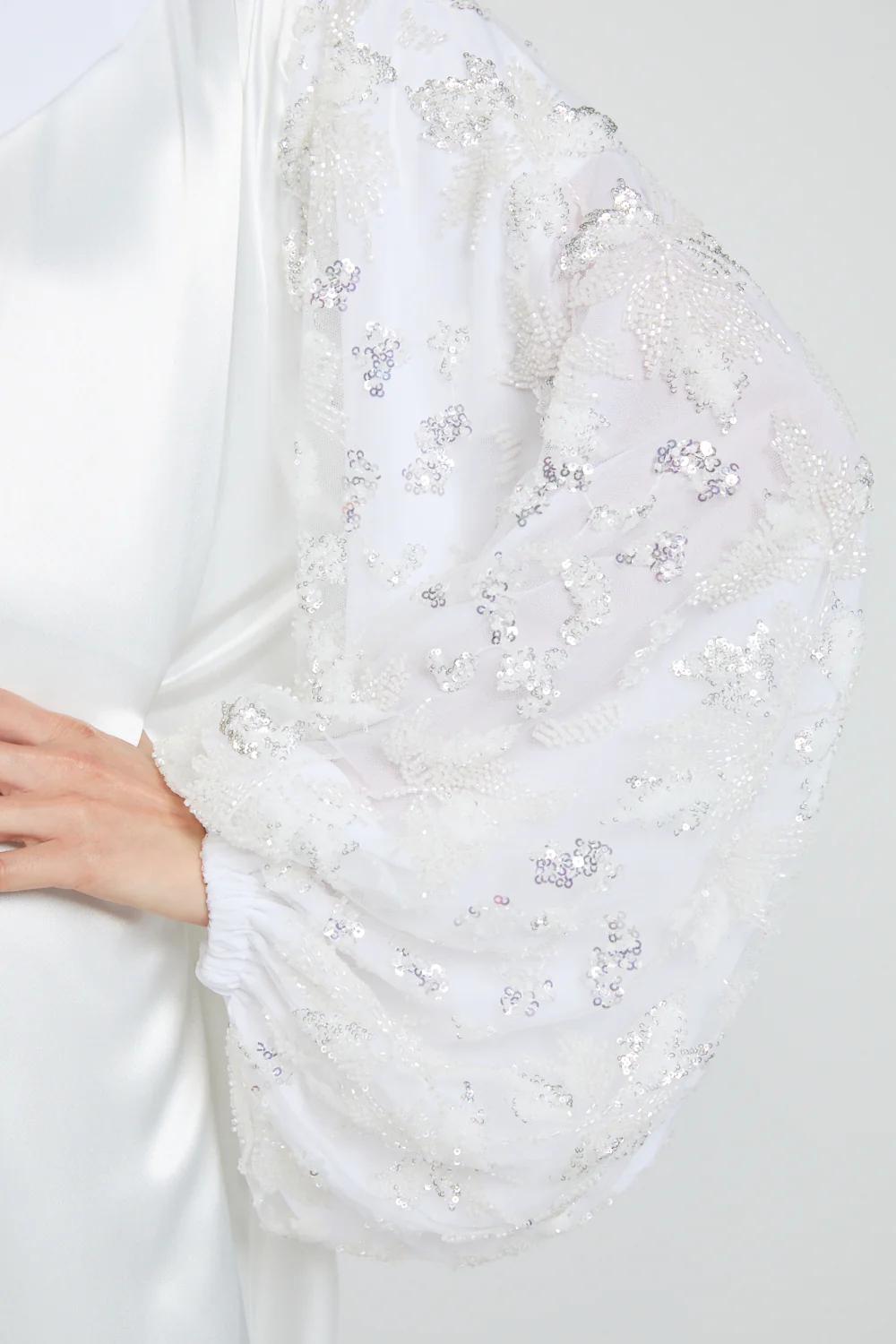 Luxury Satin Open Abaya with Embellished Balloon Sleeves - White - Image 4
