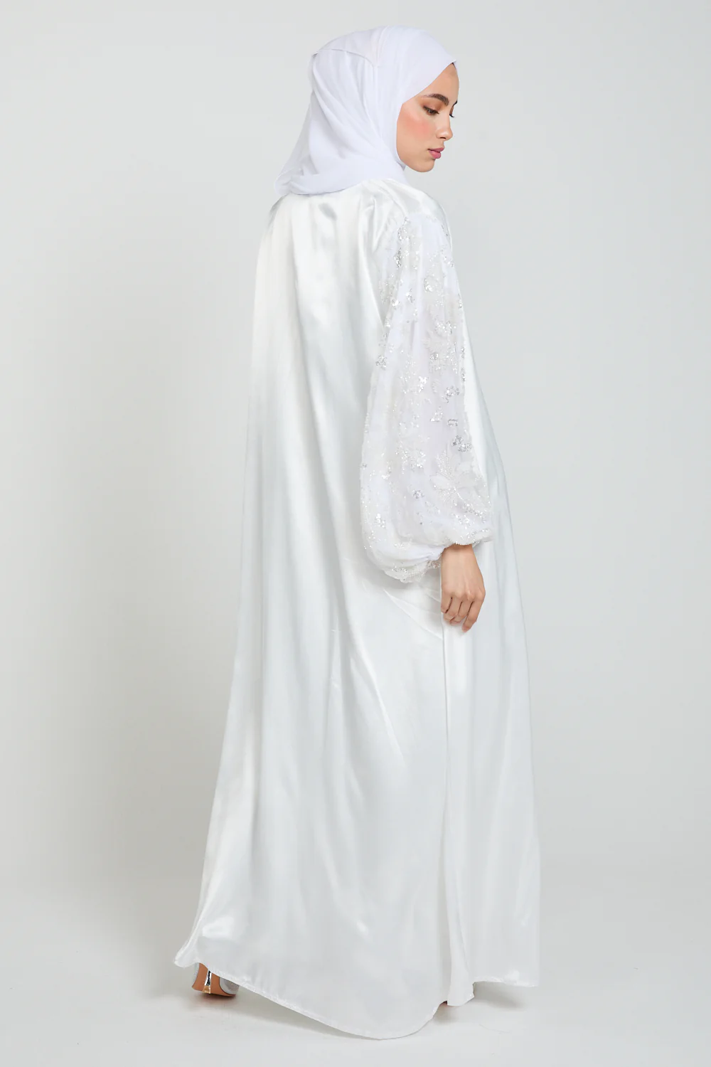 Luxury Satin Open Abaya with Embellished Balloon Sleeves - White - Image 5