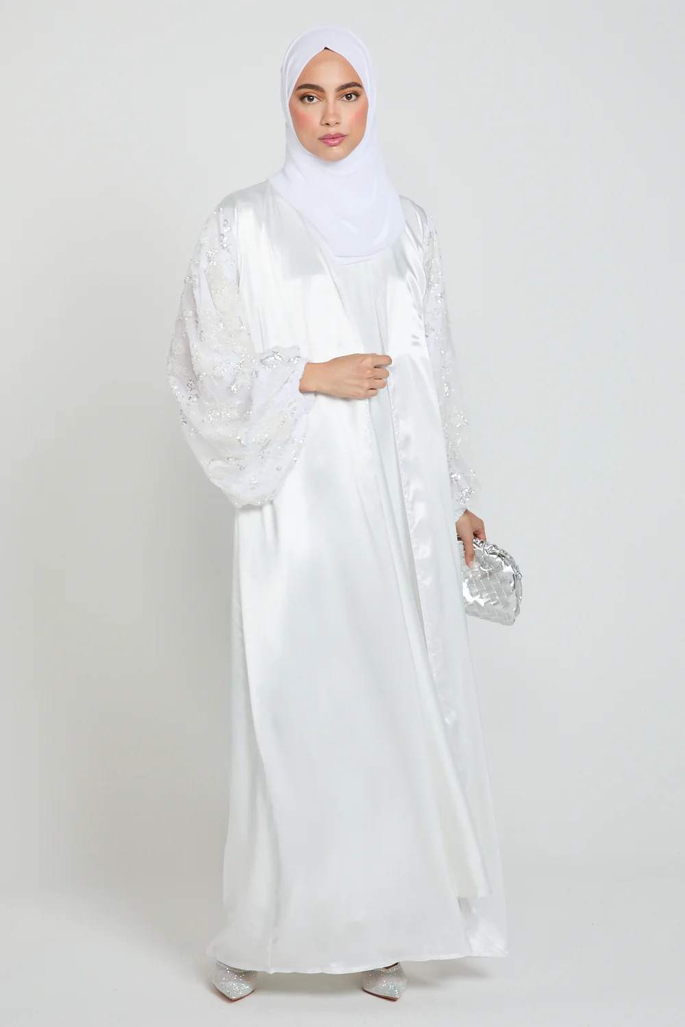 Luxury Satin Open Abaya with Embellished Balloon Sleeves - White - Image 7