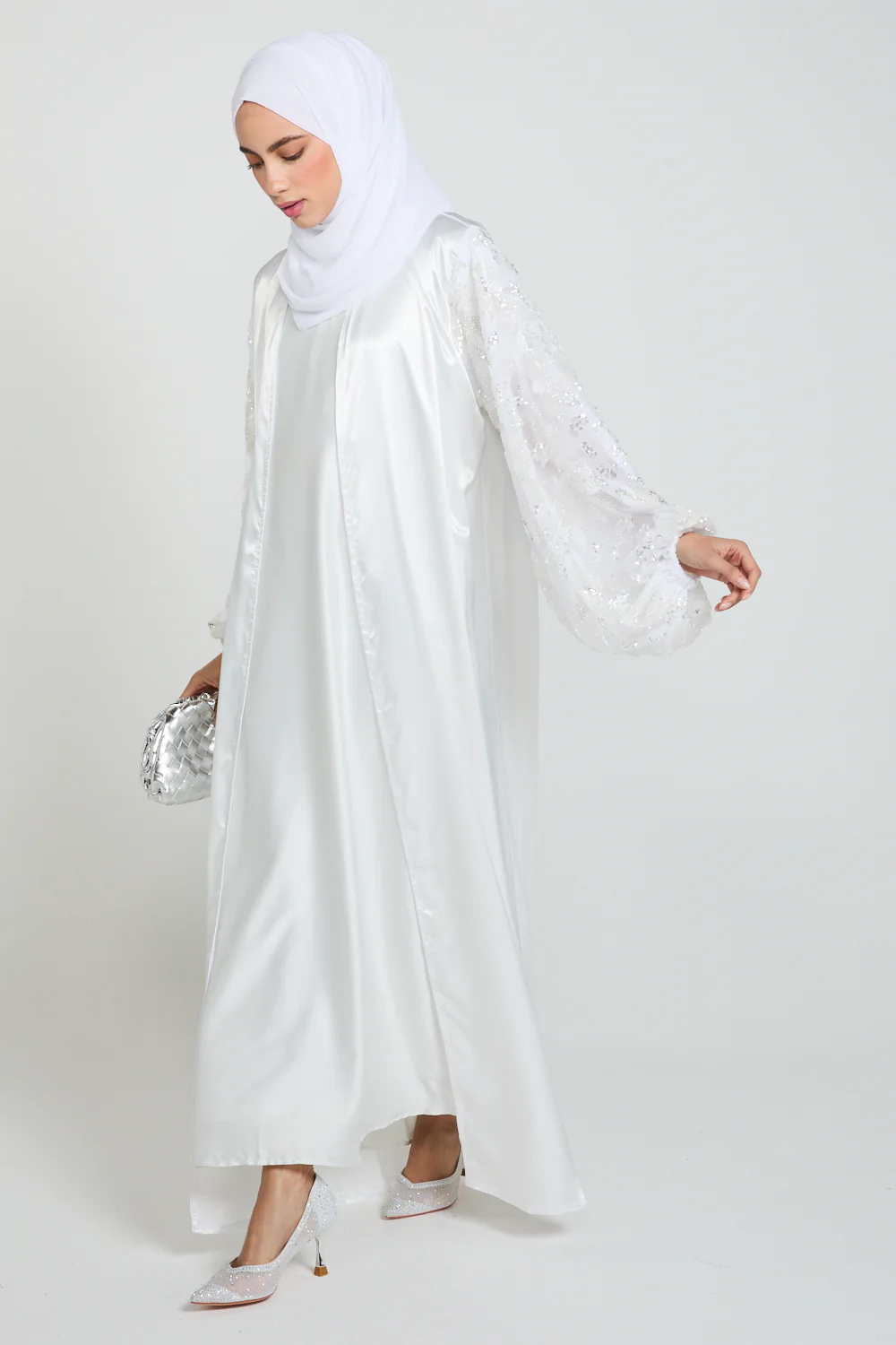 Luxury Satin Open Abaya with Embellished Balloon Sleeves - White - Image 9