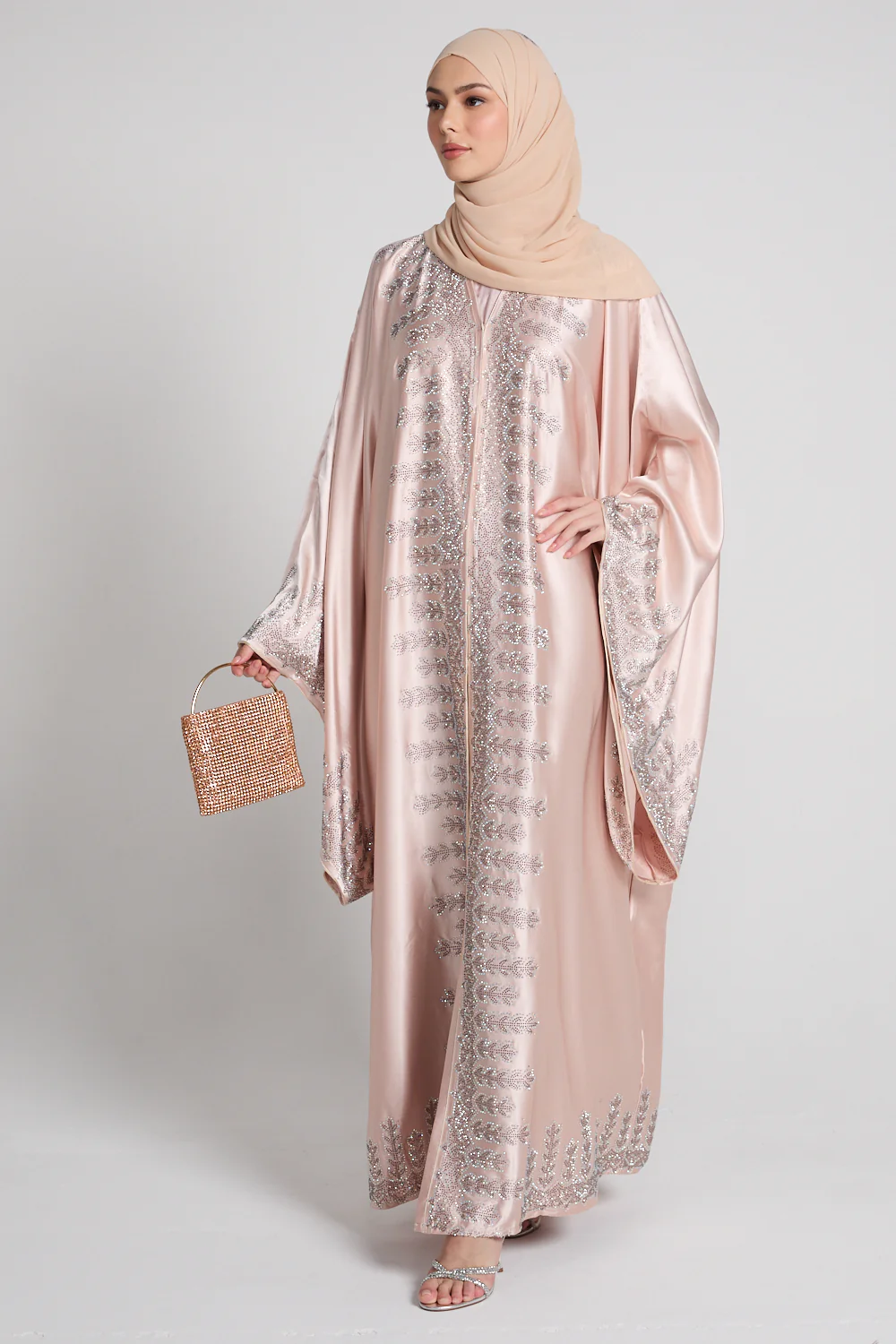 Luxury Satin Pearl Rose Embellished Open Abaya - Limited Edition