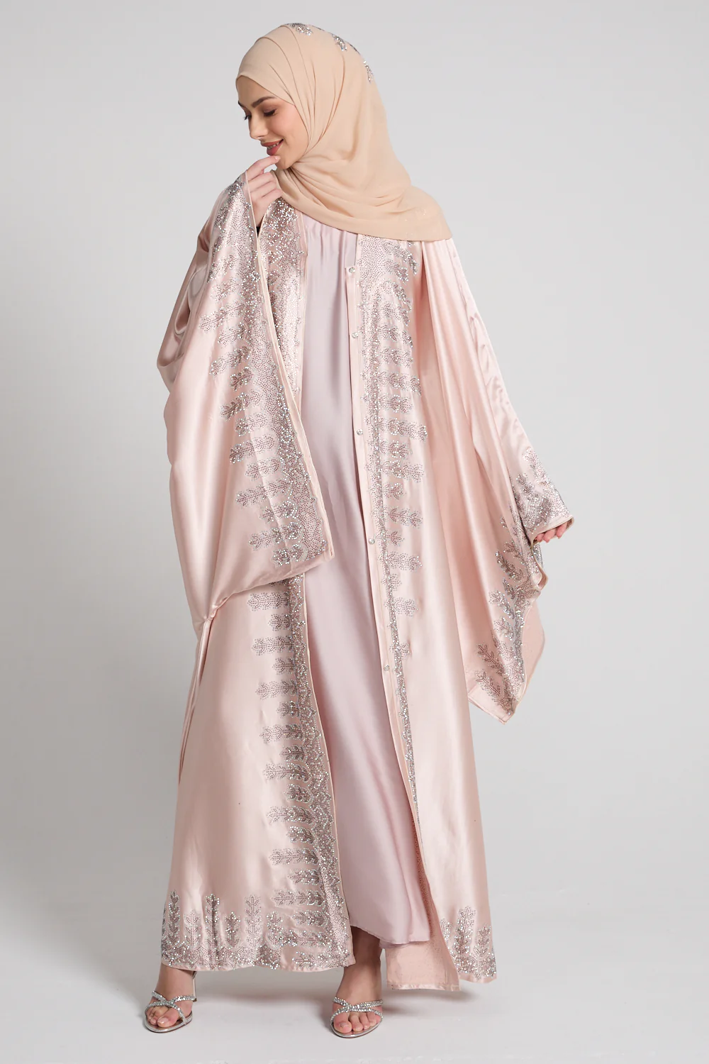 Luxury Satin Pearl Rose Embellished Open Abaya - Limited Edition - Image 3