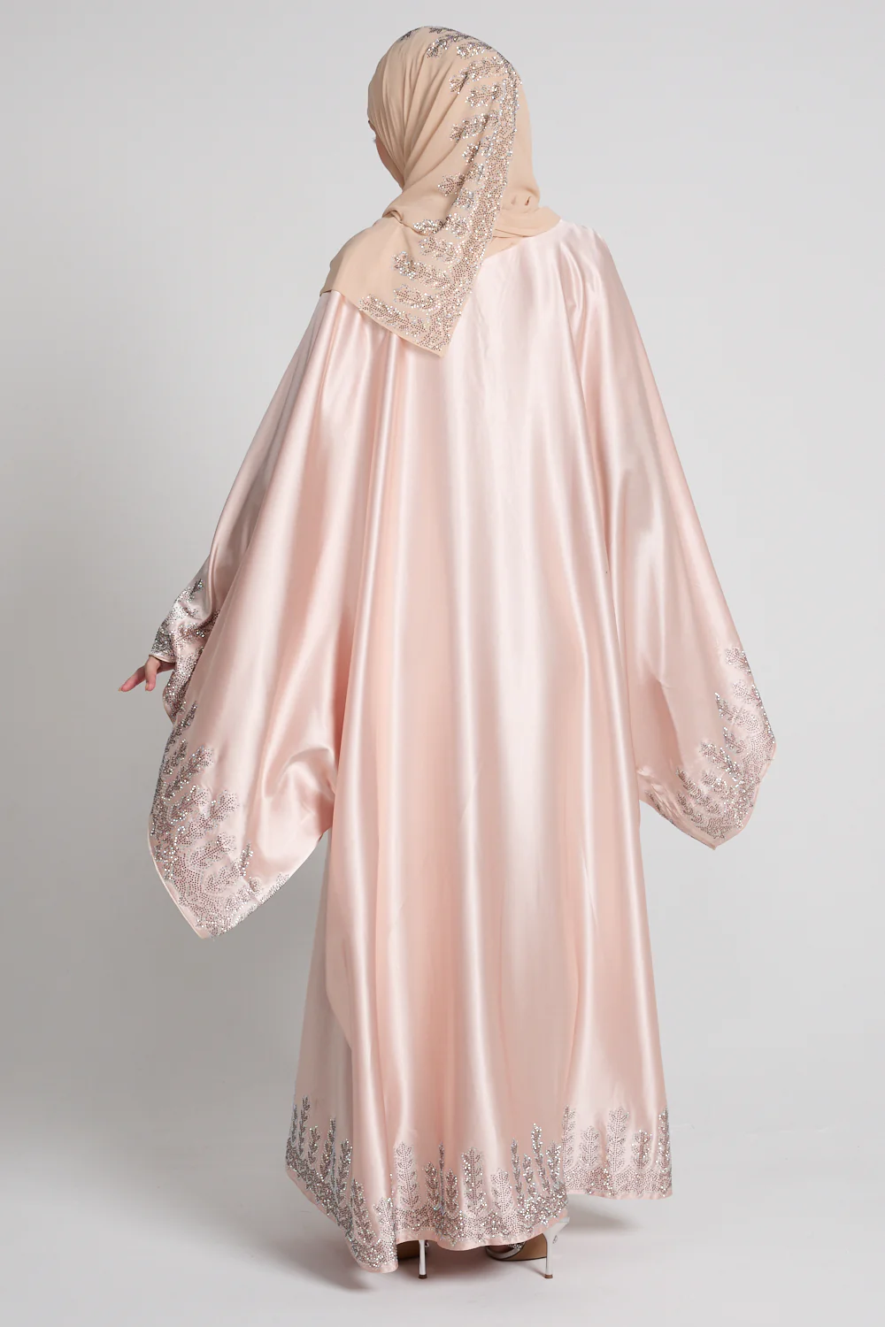 Luxury Satin Pearl Rose Embellished Open Abaya - Limited Edition - Image 5