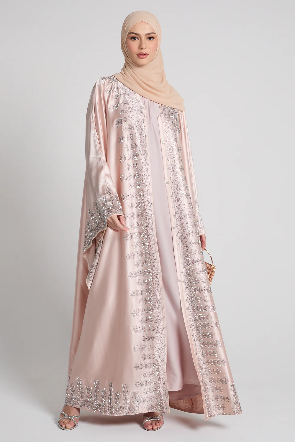 Luxury Satin Pearl Rose Embellished Open Abaya - Limited Edition - Image 6