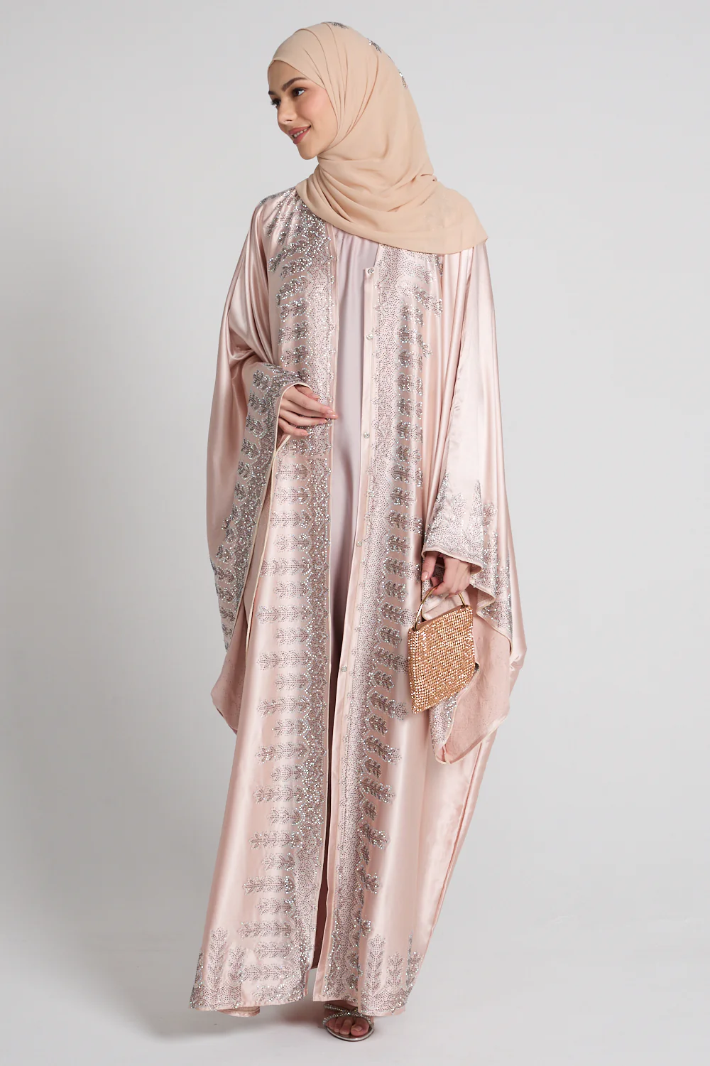 Luxury Satin Pearl Rose Embellished Open Abaya - Limited Edition - Image 7