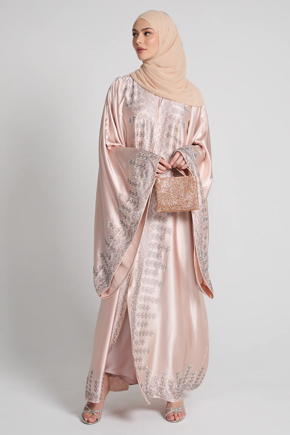 Luxury Satin Pearl Rose Embellished Open Abaya - Limited Edition - Image 8
