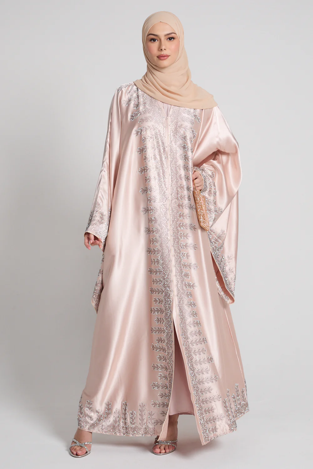 Luxury Satin Pearl Rose Embellished Open Abaya - Limited Edition - Image 9