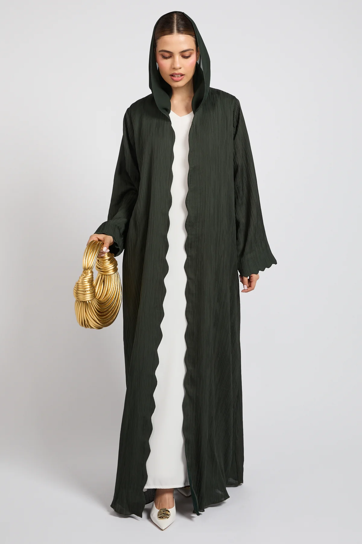 Luxury Scallop Textured Open Abaya – Forest Green
