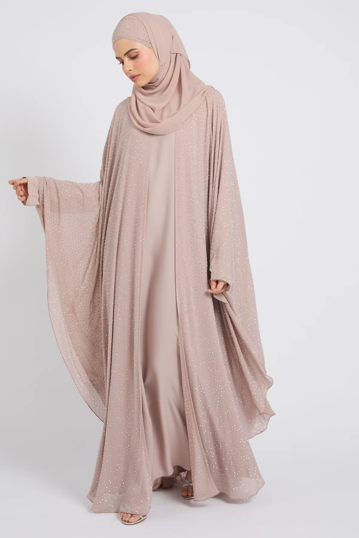 Luxury Stardust Embellished Chiffon Overlay Closed Abaya - Misty Mink