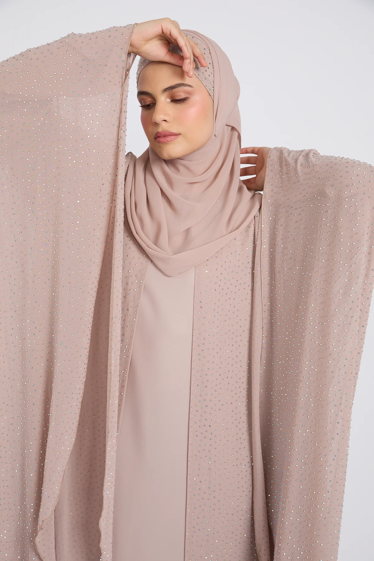 Luxury Stardust Embellished Chiffon Overlay Closed Abaya - Misty Mink - Image 2
