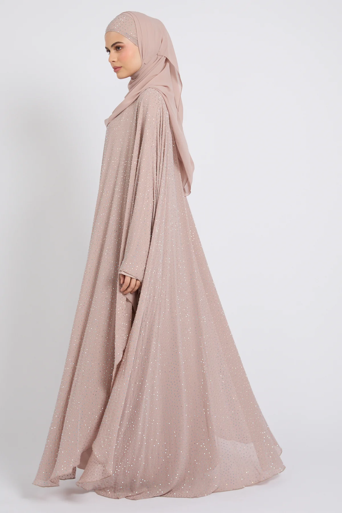 Luxury Stardust Embellished Chiffon Overlay Closed Abaya - Misty Mink - Image 3