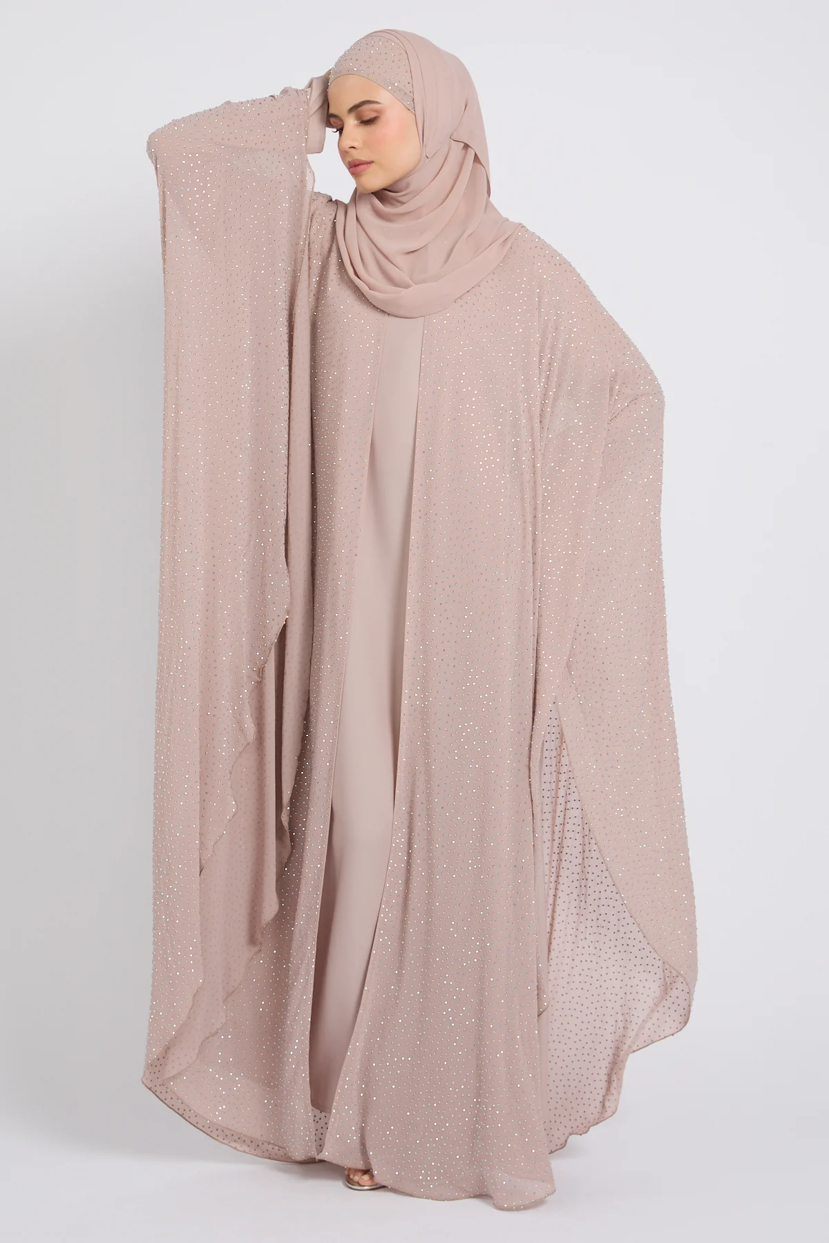 Luxury Stardust Embellished Chiffon Overlay Closed Abaya - Misty Mink - Image 4